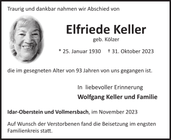 Traueranzeige von Elfriede Keller von Wochenspiegel