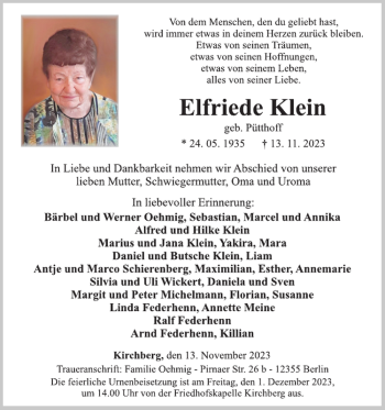 Traueranzeige von Elfriede Klein von Wochenspiegel