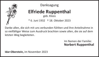 Traueranzeige von Elfriede Ruppenthal von Wochenspiegel