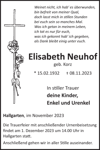 Traueranzeige von Elisabeth Neuhof von Wochenspiegel