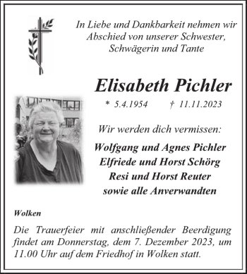 Traueranzeige von Elisabeth Pichler von Wochenspiegel