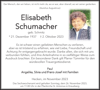 Traueranzeige von Elisabeth Schumacher von Wochenspiegel