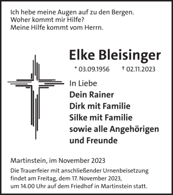 Traueranzeige von Elke Bleisinger von Wochenspiegel