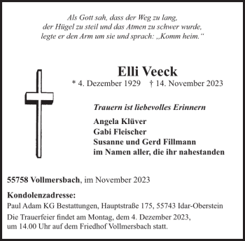 Traueranzeige von Elli Veeck von Wochenspiegel