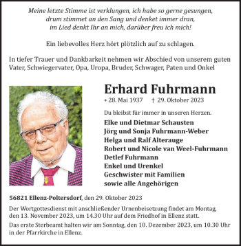 Traueranzeige von Erhard Fuhrmann von Wochenspiegel