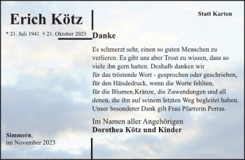 Traueranzeige von Erich Kötz von Wochenspiegel