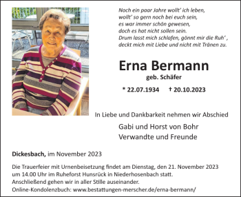 Traueranzeige von Erna Bermann von Wochenspiegel