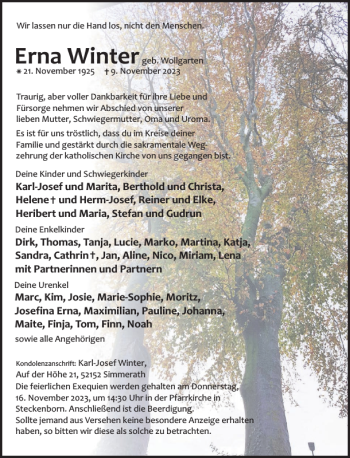 Traueranzeige von Erna Winter von Wochenspiegel