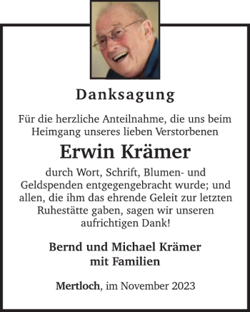 Traueranzeige von Erwin Krämer von Wochenspiegel