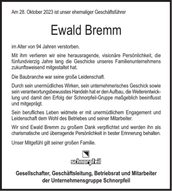 Traueranzeige von Ewald Bremm von Wochenspiegel