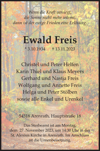 Traueranzeige von Ewald Freis von Wochenspiegel