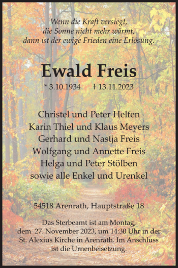Traueranzeige von Ewald Freis von Wochenspiegel