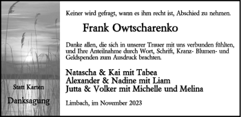 Traueranzeige von Frank Owtscharenko von Wochenspiegel