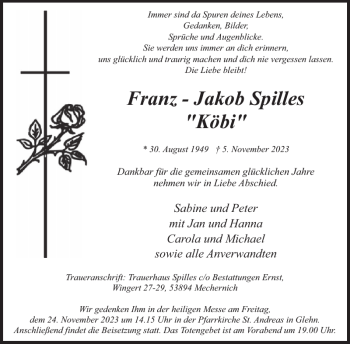 Traueranzeige von Franz-Jakob Spilles Köbi von Wochenspiegel