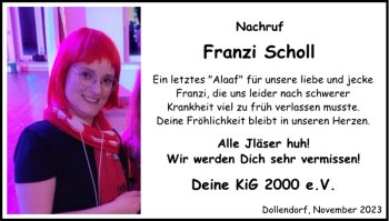 Traueranzeige von Franzi Scholl von Wochenspiegel