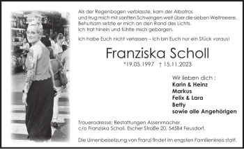 Traueranzeige von Franziska Scholl von Wochenspiegel