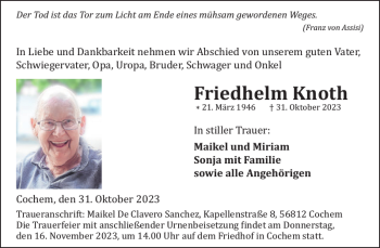 Traueranzeige von Friedhelm Knoth von Wochenspiegel