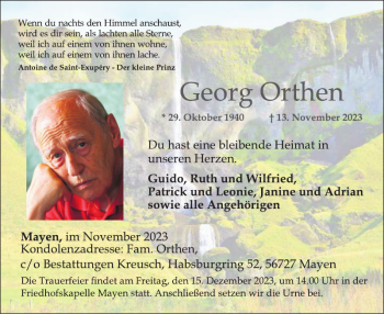 Traueranzeige von Georg Orthen von Wochenspiegel
