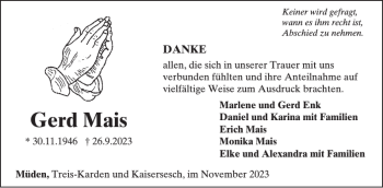 Traueranzeige von Gerd Mais von Wochenspiegel