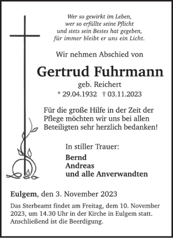 Traueranzeige von Gertrud Fuhrmann von Wochenspiegel