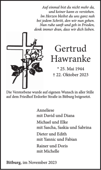 Traueranzeige von Gertrud Hawranke von Wochenspiegel