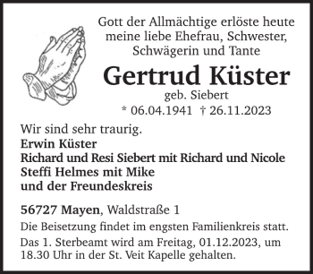Traueranzeige von Gertrud Küster von Wochenspiegel