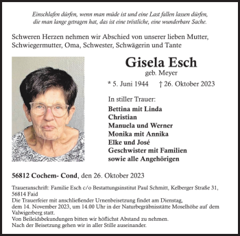 Traueranzeige von Gisela Esch von Wochenspiegel