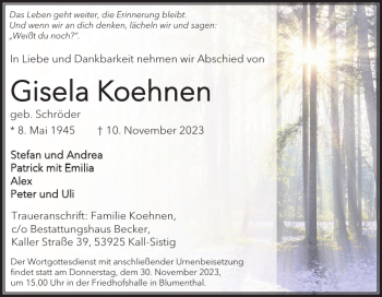 Traueranzeige von Gisela Koehnen von Wochenspiegel