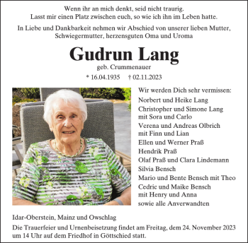 Traueranzeige von Gudrun Lang von Wochenspiegel