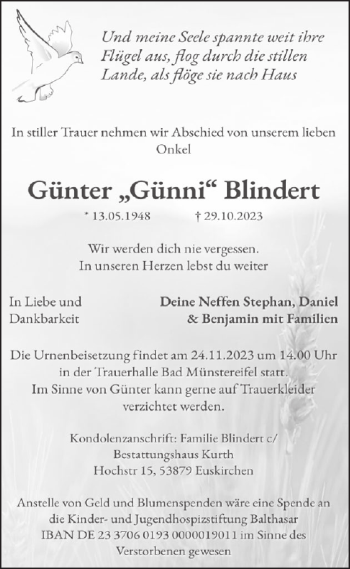 Traueranzeige von Günter Günni Blindert von Wochenspiegel