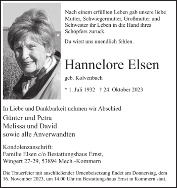 Traueranzeige von Hannelore Elsen von Wochenspiegel
