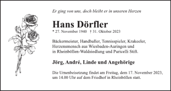 Traueranzeige von Hans Dörfler von Wochenspiegel