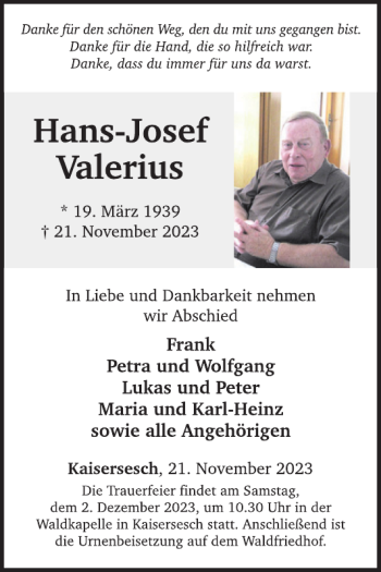 Traueranzeige von Hans-Josef Valerius von Wochenspiegel