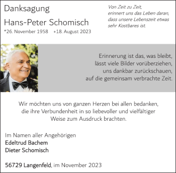 Traueranzeige von Hans-Peter Schomisch von Wochenspiegel