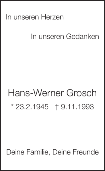 Traueranzeige von Hans-Werner Grosch von Wochenspiegel