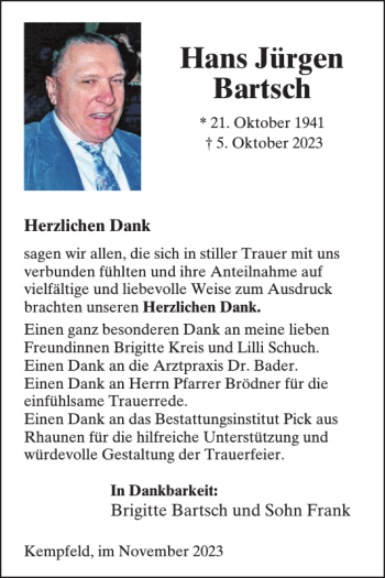 Traueranzeige von Hans Jürgen Bartsch von Wochenspiegel