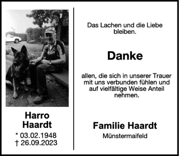 Traueranzeige von Harro Haardt von Wochenspiegel