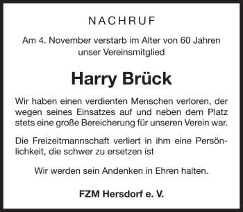 Traueranzeige von Harry Brück von Wochenspiegel
