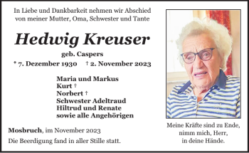 Traueranzeige von Hedwig Kreuser von Wochenspiegel