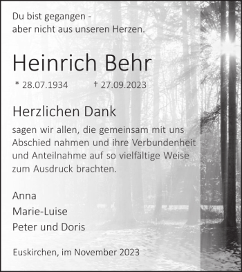 Traueranzeige von Heinrich Behr von Wochenspiegel
