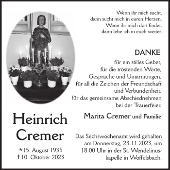 Traueranzeige von Heinrich Cremer von Wochenspiegel