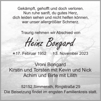 Traueranzeige von Heinz Bongard von Wochenspiegel