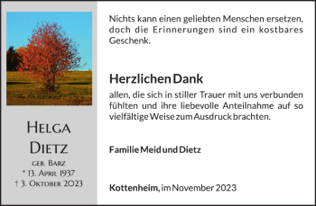 Traueranzeige von Helga Dietz von Wochenspiegel
