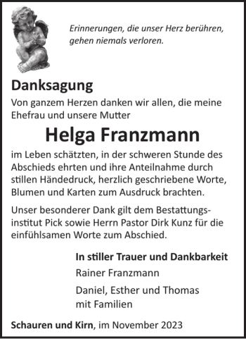Traueranzeige von Helga Franzmann von Wochenspiegel