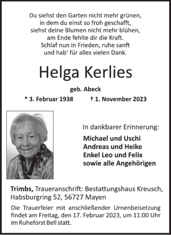 Traueranzeige von Helga Kerlies von Wochenspiegel