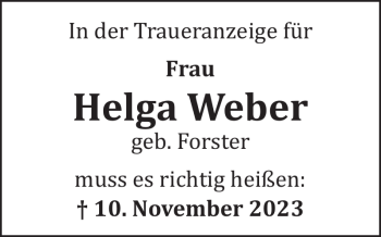 Traueranzeige von Helga Weber von Wochenspiegel