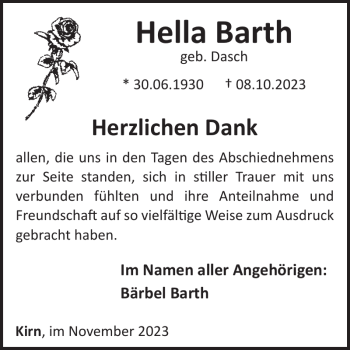 Traueranzeige von Hella Barth von Wochenspiegel