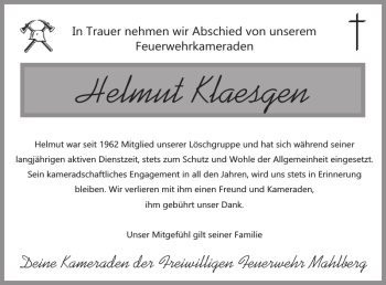 Traueranzeige von Helmut Klaesgen von Wochenspiegel