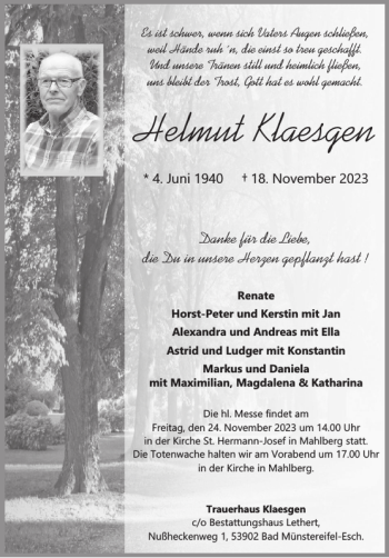 Traueranzeige von Helmut Klaesgen von Wochenspiegel