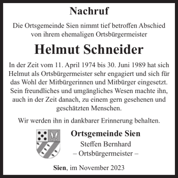 Traueranzeige von Helmut Schneider von Wochenspiegel